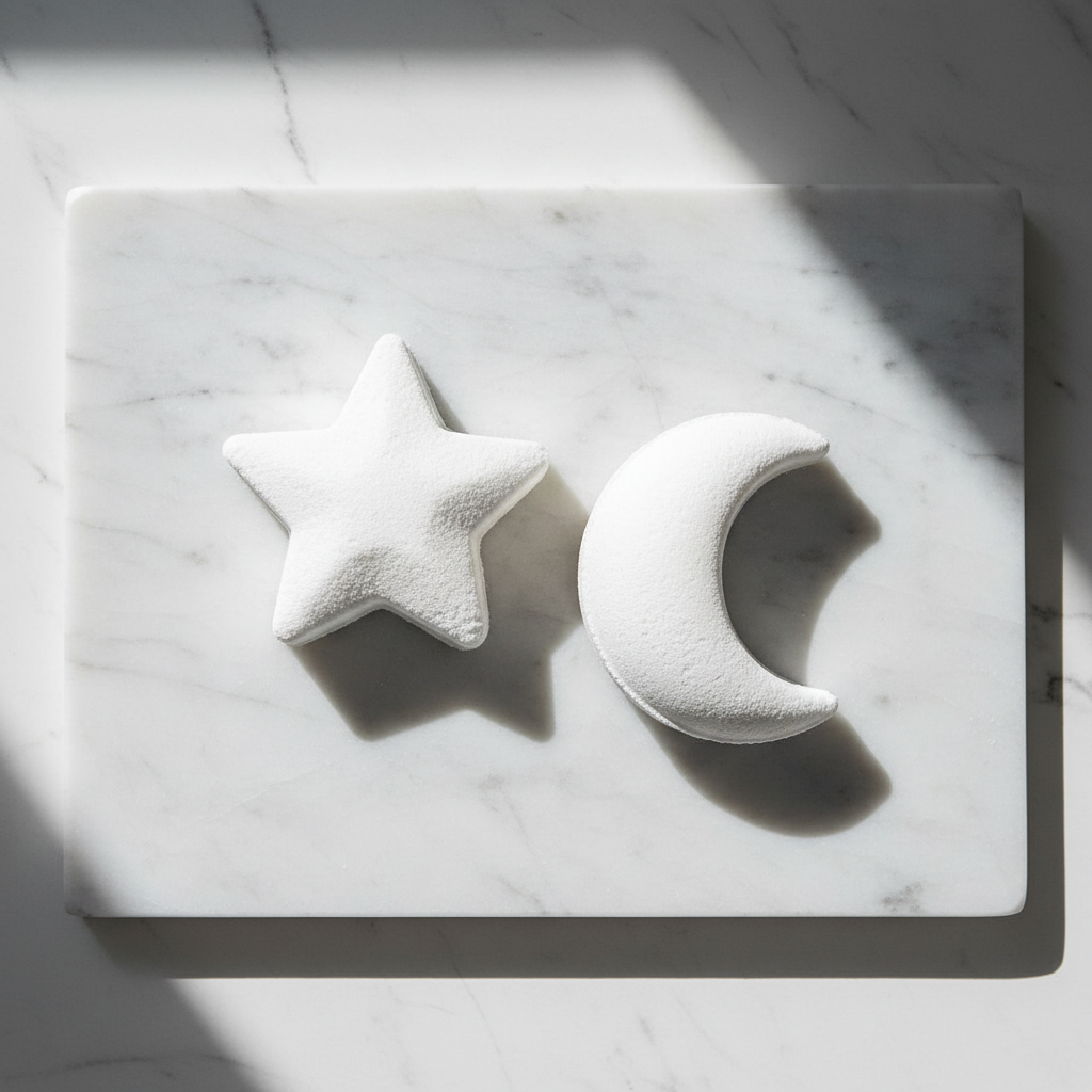 Bombas de Baño Estrella y Luna – Flat Lay Minimalista FRANAGA