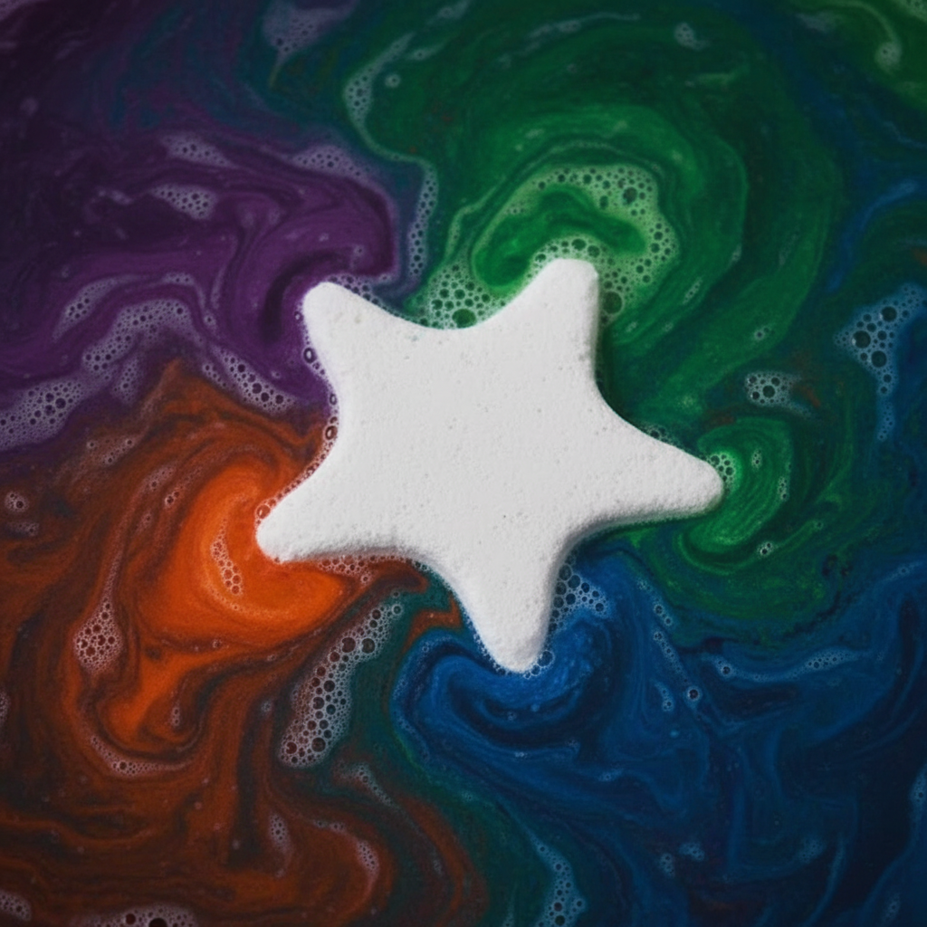 Bomba de baño estrella efervescente con colores arcoíris en agua – aromaterapia y bienestar premium – FRANAGA Chile