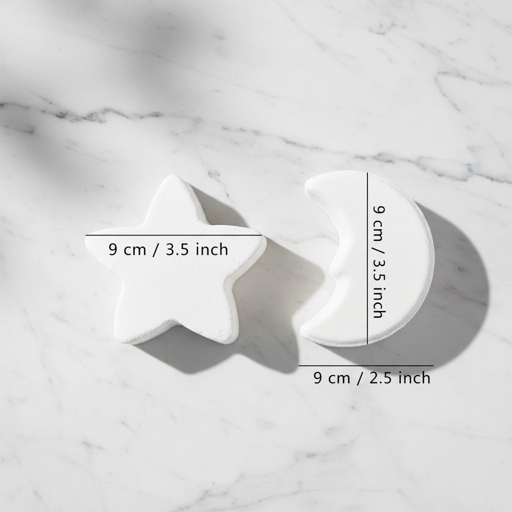 Dimensiones set bombas de baño estrella 9cm y luna 9x6.5cm sobre mármol blanco – regalo bienestar mujer Chile – FRANAGA