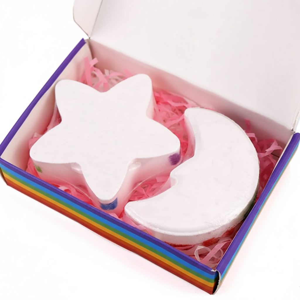 Set de 2 bombas de baño arcoíris estrella y luna en caja regalo premium – spa en casa Chile – FRANAGA
